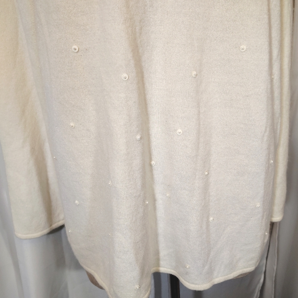 Norton McNaughton V- Neck Sweater, Ivory Bead + Ivory Sequin, Soft, Women, L - Picture 3 of 9